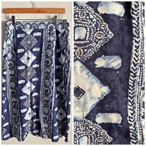 Vintage BonWorth Navy Blue Batik Print Midi Skirt Button Wrap Elastic Waist M